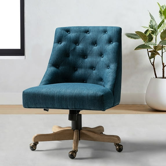 Swivel Office Chair with Tuft Back, Modern Armless Task Chair with Solid Wood Five-Pronged Base Navy