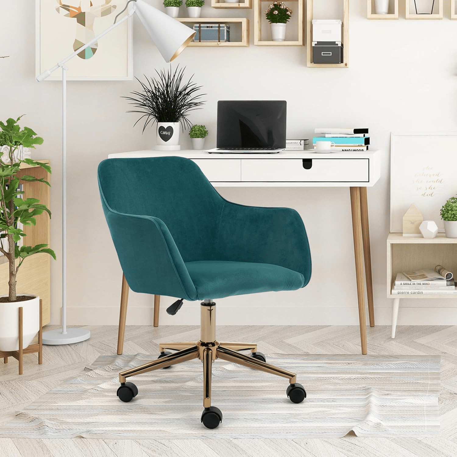 Swivel Office Desk Chair with Wheels Upholstered Velvet Desk Modern Armchair Height Adjustable ...