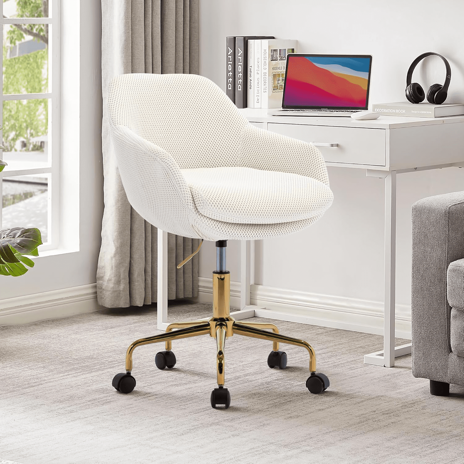 Swivel Office Desk Chair with Wheels Upholstered Velvet Desk Modern Armchair Height Adjustable ...