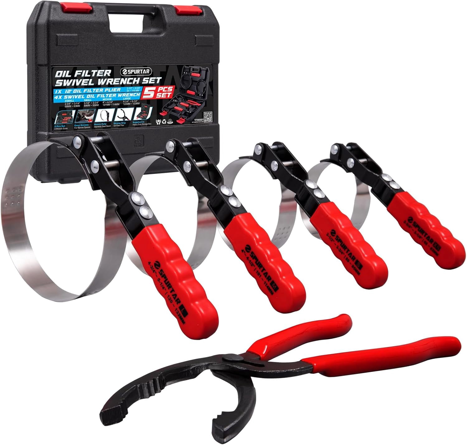 Swivel Oil Filter Wrench Set of 5 Adjustable Wrench 2-3/4" to 5-1/4" (70-133mm) 12" Universal Oil Filter Removal Tool for 4S Shop Auto Repair Mechanic DIY Generator Small Engine
