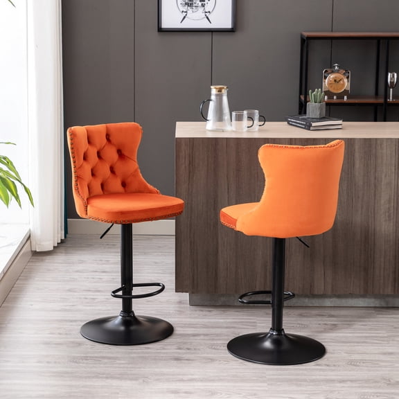 Swivel Orange Velvet Barstools with 25 - 33 Inch Adjustment for Pub and Dining