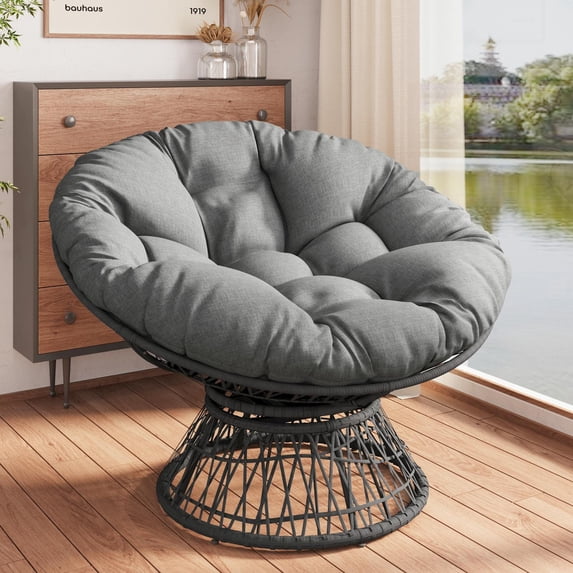Swivel Papasan Chair, Wicker Chair, Ergonomic Chair with 360 Degree Rotation, Adjustable Feet and Ultra-Thick Waterproof Cushion for Living Room Bedroom, 41.5 Inch, Gray Base