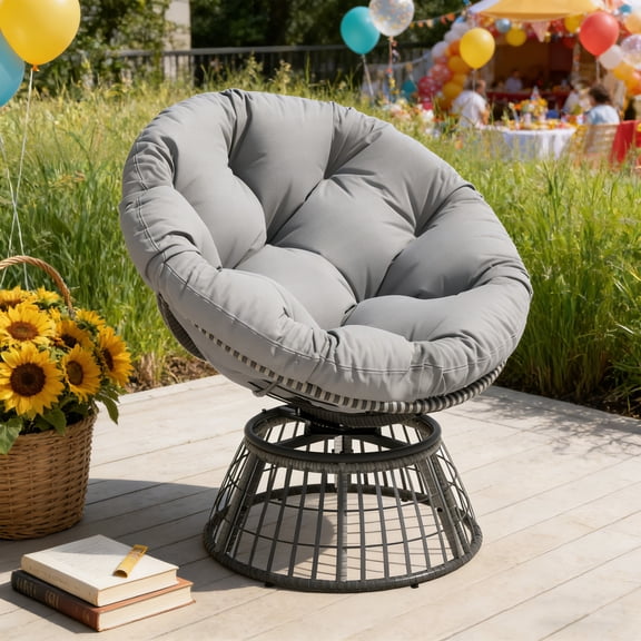 Swivel Papasan Chair with Thick Cushion, Wicker Frame Papasan Chair, Oversized Comfy Round Chair for Bedroom, Living Room, Patio (Yellow)