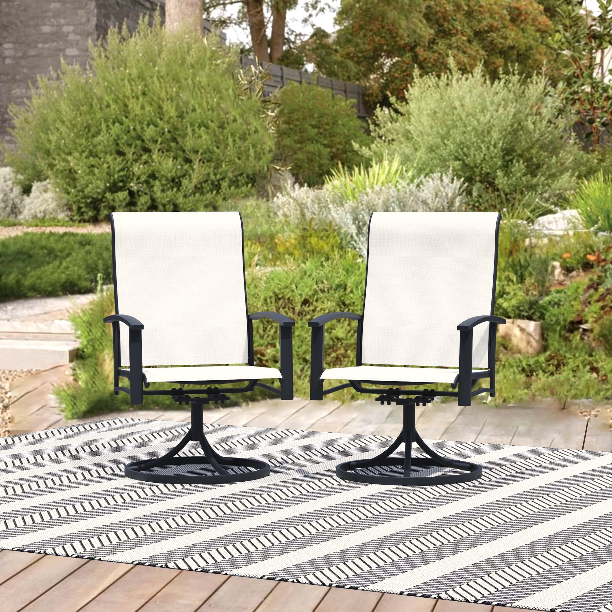 Swivel Patio Chairs Set of 2, Outdoor Metal Dining Armchairs, High Back Ergonomic Design, Beige