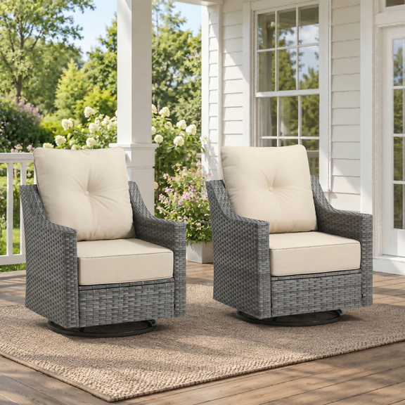 Swivel Patio Chairs Set of 2, Outdoor Wicker Rocker Chairs with 6 Inch Olefin Cushions, Gray and Beige