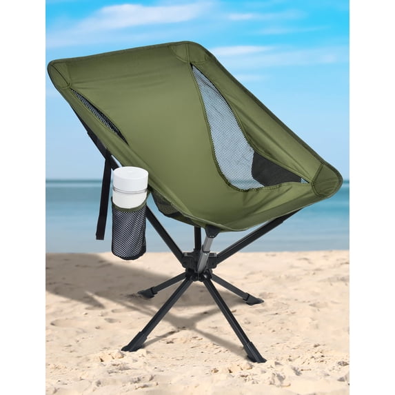 Swivel Portable Camping Chair For Adults Fast Setup Lightweight & Small Folding With Cup Holder Side Pocket And Carry Bag - Support 330 Lbs