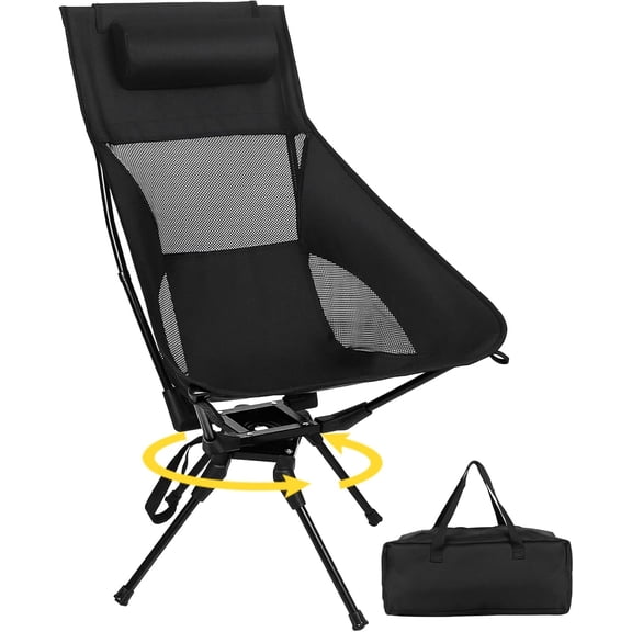Swivel Portable Camping Chair, High Back Folding Chair with Detachable Pillow, Compact Lightweight Backpacking Chair for Outdoor, Travel, Beach, Hiking, Support 330 LBS, 1 Pack Black