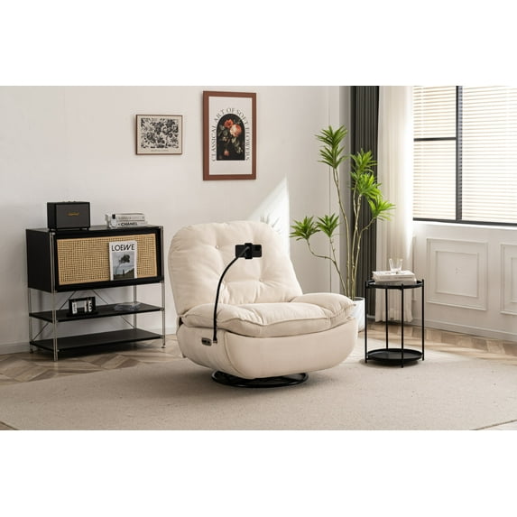 Swivel Power Recliner with Bluetooth Music Player & USB Charger, Comfy Linen Glider with Phone Holder & Sleep Working Game and Leisure Function, Accent Armchair with Foof Storage, Cream