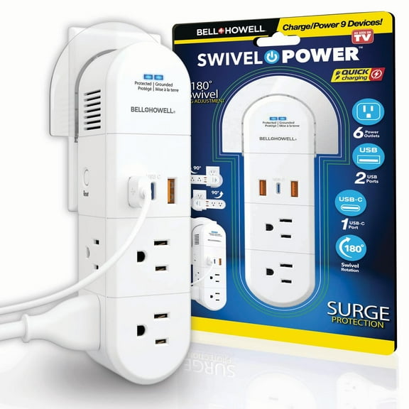 Bell + Howell Swivel Power Surge Protector Electric Charging Station with 6 Outlets, 2 USB & 1 USB-C Charging Ports with 180 Degrees Swivel Rotation, Quick Charging - 9 Devices in One