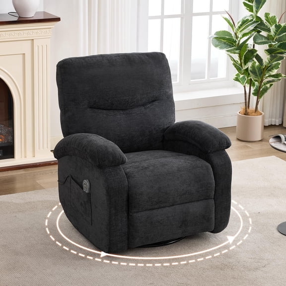 Swivel Recliner Chair for Adults, 360° Swivel Rocker Recliner with Massage and Heating, Nursery Rocking Chairs with Side Pockets, Manual Reclining Chair for Living Room, Bedroom or Nursery (Black)
