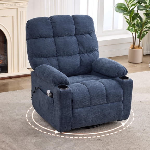 Swivel Recliner Chair for Adults, 360° Swivel Rocker Recliner with Massage and Heating, Nursery Rocking Chairs with Side Pockets, Manual Reclining Chair for Living Room, Bedroom or Nursery (Blue)
