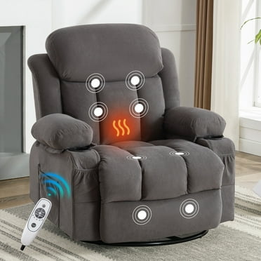 Swivel Recliner Chair with Massage and Heat, UHOMEPRO Manual Rocking Chair Single Sofa with USB Port, 2 Cup Holders, Modern Living Room Lounge Chair with Side Pockets, Solid Wood Frame, Gray
