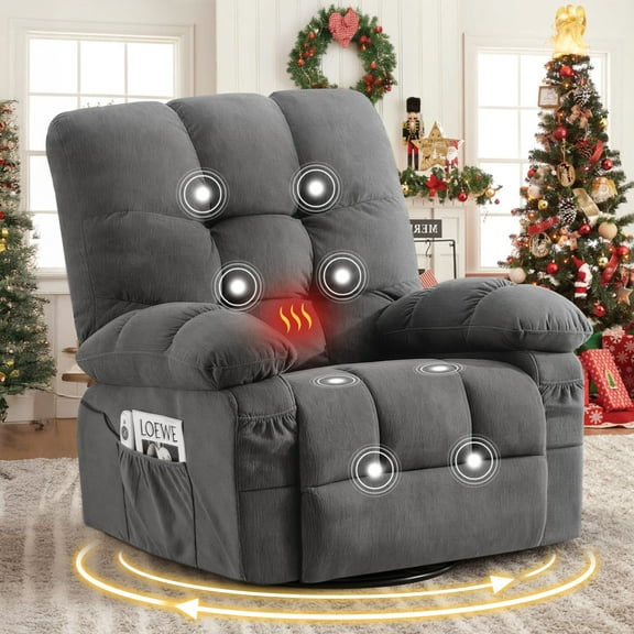 Power Recliner Chair for Adults, UHOMEPRO Swivel Recliner Chair with Massage and Heat, Manual Nursery Rocker Chair Sofa with USB Port, Modern Living Room Lounge Chair with Side Pockets, Gray