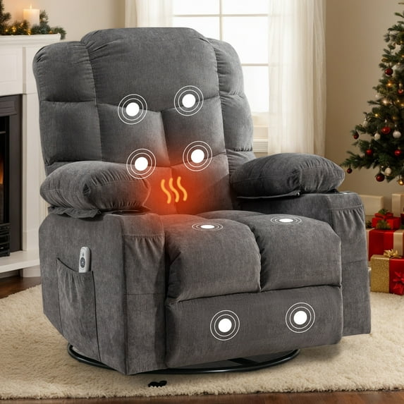 Power Recliner Chair for Adults, UHOMEPRO Swivel Recliner Chair with Massage and Heat, Manual Nursery Rocker Chair Sofa with USB Port, Modern Living Room Lounge Chair with Side Pockets, Gray