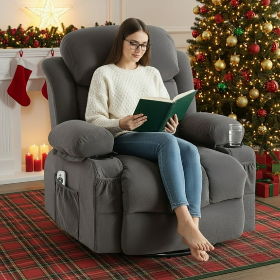 Power Recliner Chair for Adults, UHOMEPRO Swivel Recliner Chair with Massage and Heat, Manual Nursery Rocker Chair Sofa with USB Port, Modern Living Room Lounge Chair with Side Pockets, Gray