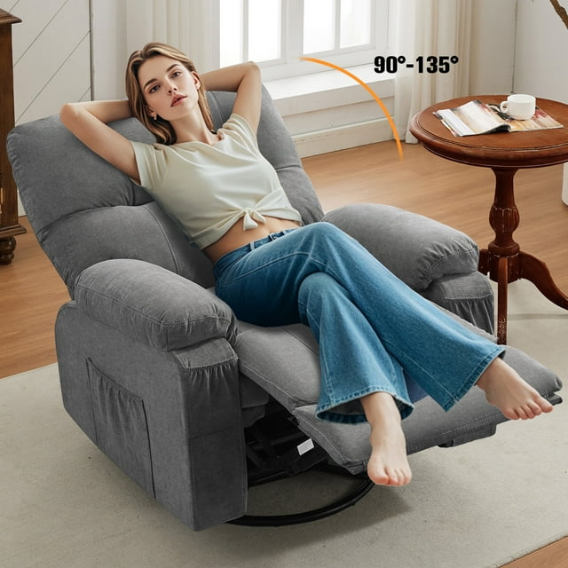 Swivel Recliner Chair, UHOMEPRO Manual Nursery Rocking Chair Single Sofa with Soft Cushion and Backrest, Living Room Lounge Chair with Side Pockets, Solid Wood Frame, Easy Assembly, Gray