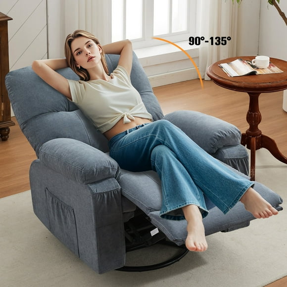 Swivel Recliner Chair, UHOMEPRO Manual Nursery Rocking Chair Single Sofa with Soft Cushion and Backrest, Living Room Lounge Chair with Side Pockets, Solid Wood Frame, Easy Assembly, Blue