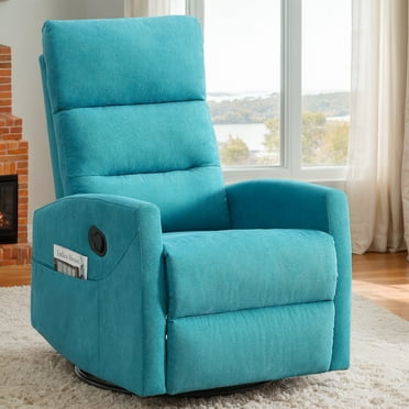 Swivel Recliner Chair, UHOMEPRO Manual Recliner with 360° Swivel & Rocking Glider, High Back Upholstered Deep Seat and Footrest for Living Room, Nursery, Bedroom, Convenient Side Pockets, Blue