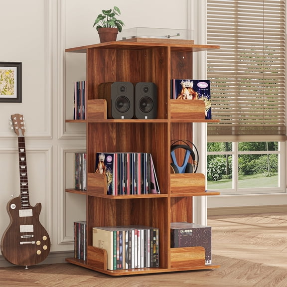 Swivel Record Player Stand Bookcase with Barrier Design, Tall Display Storage Shelf, Wood Record Player Shelves for 500 Records, Oak Color