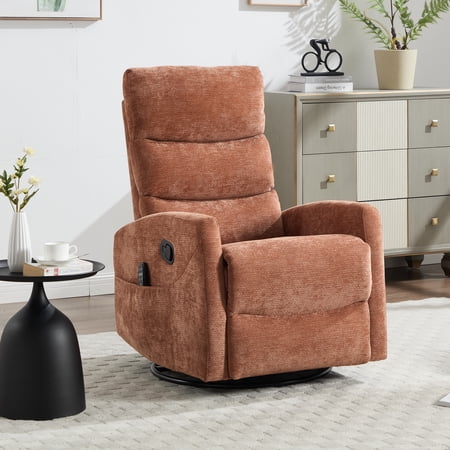 Swivel Rocker Recliner, 360° Swivel Glider Chair with Heat and Massage, Manual Recliner Nursery Chair with Side Pockets for Living Room, Chenille, Orange