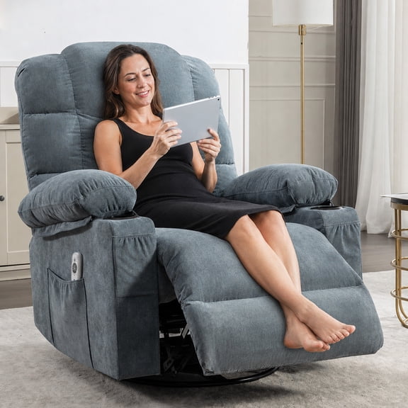 Swivel Rocker Chair, LEGAHOME Manual Glider Rocking Chair for Nursery with Massage and Heat, 22.8in Glider Massage Recliner Chairs for Adults, with Cup Holder and Side Pocket, Blue