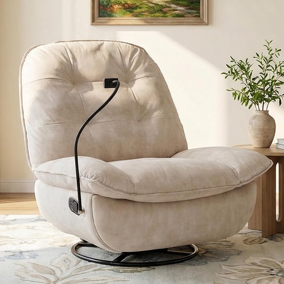 Swivel Rocker Recliner Chair for Adult, Glider Nursery Rocking Chair, Armless Manual Single Recliner Sofa for Living Room, Oversized & Overstuffed, Phone Holder Included, Beige Velvet
