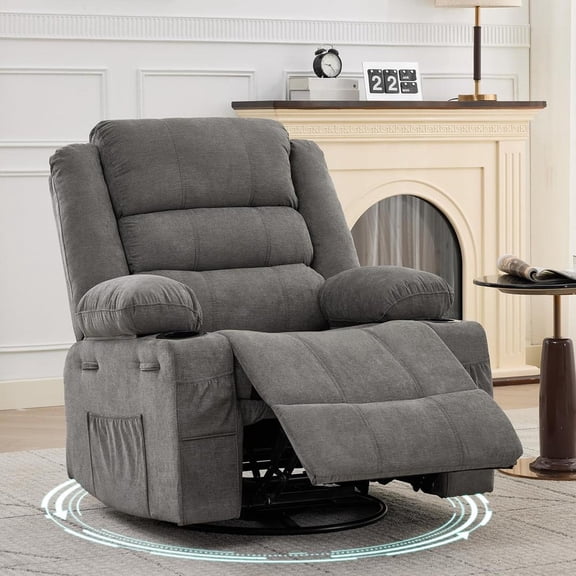 Swivel Rocker Recliner Chair for Adults, 360° Rocking Manual Glider Sofa with 3 Positions, Cup Holders and Storage Pockets, Memory Foam Reclining Chair for Living Room or Nursery