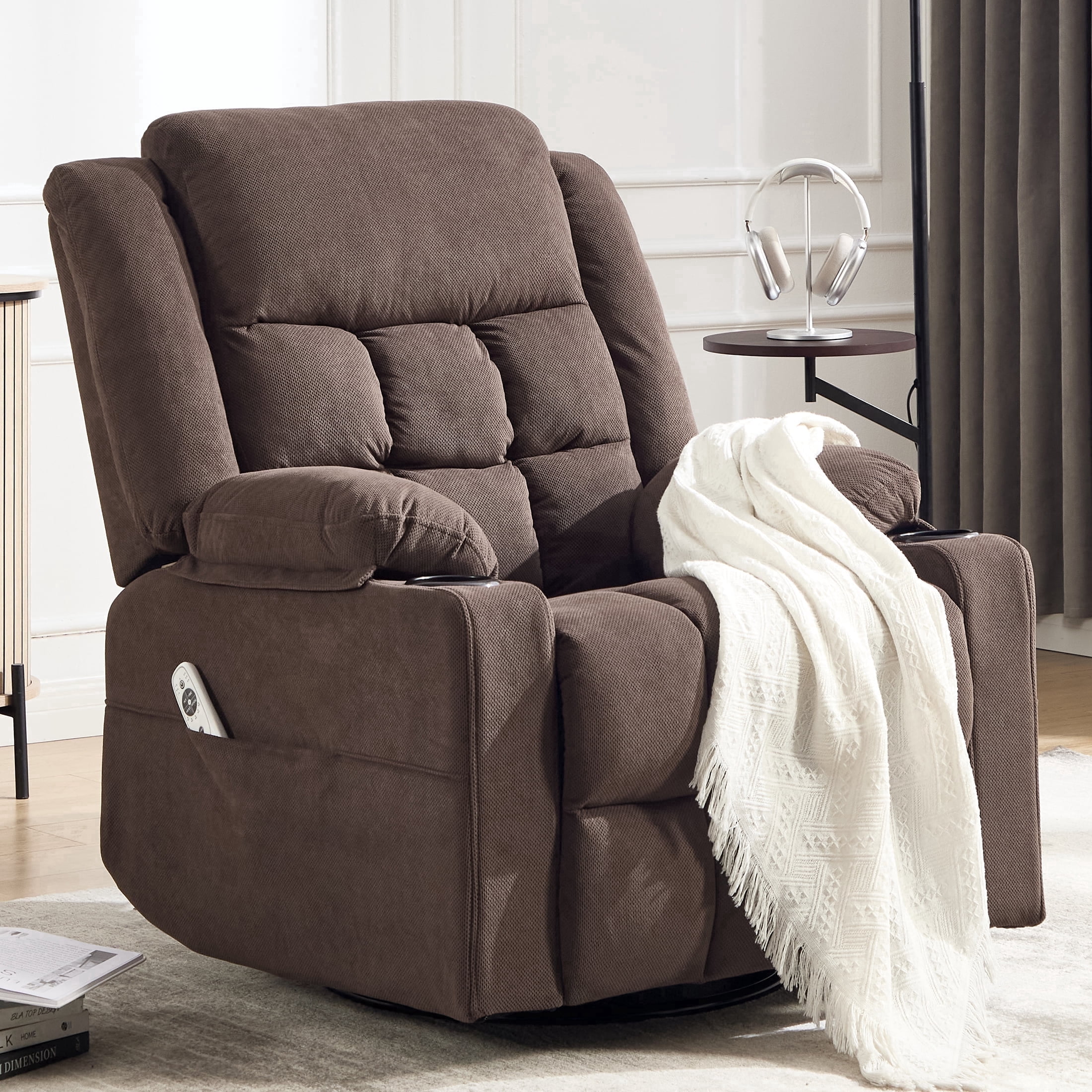Swivel Rocker Recliner Chair for Adults with Massage and Heat, Cup Holders and Side Pockets, Glider Rocking Reclining Single Sofa Chair for Living Room (Cocoa)