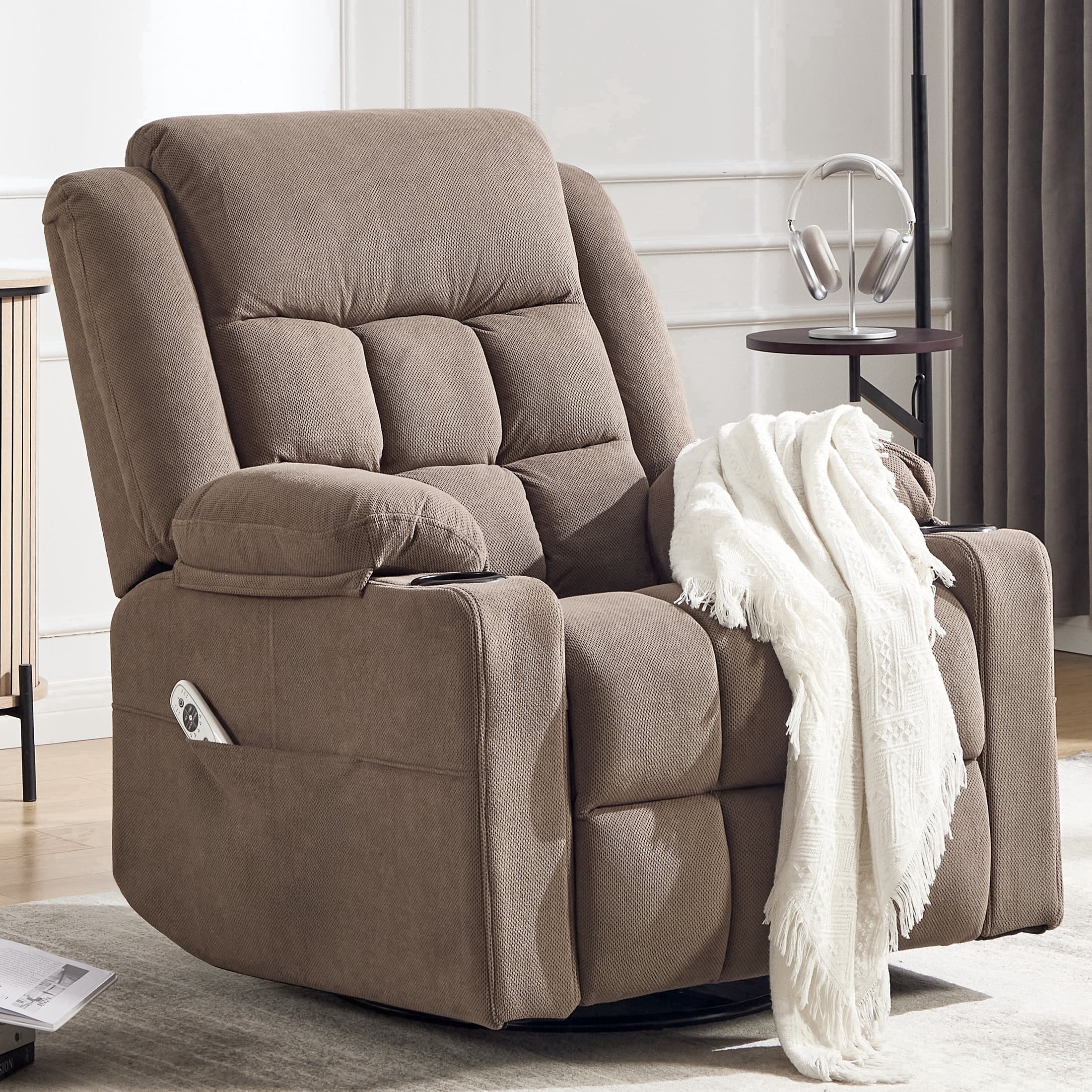 Swivel Rocker Recliner Chair for Adults with Massage and Heat, Cup Holders and Side Pockets, Glider Rocking Reclining Single Sofa Chair for Living Room (Coffee)
