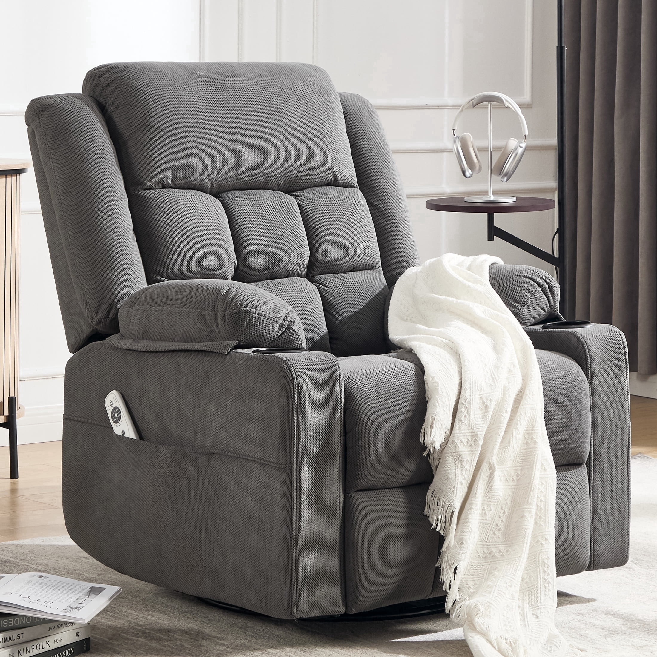 Swivel Rocker Recliner Chair for Adults with Massage and Heat, Cup Holders and Side Pockets, Glider Rocking Reclining Single Sofa Chair for Living Room (Dark Grey)
