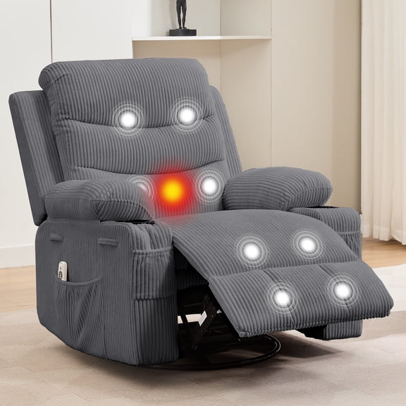 Swivel Rocker Recliner Chair with Massage and Heat, 360° Oversized Recliner Single Sofa Seat,Lazy Boy Reclining Sofa with Side Pockets, Front Pockets and Cup Holder
