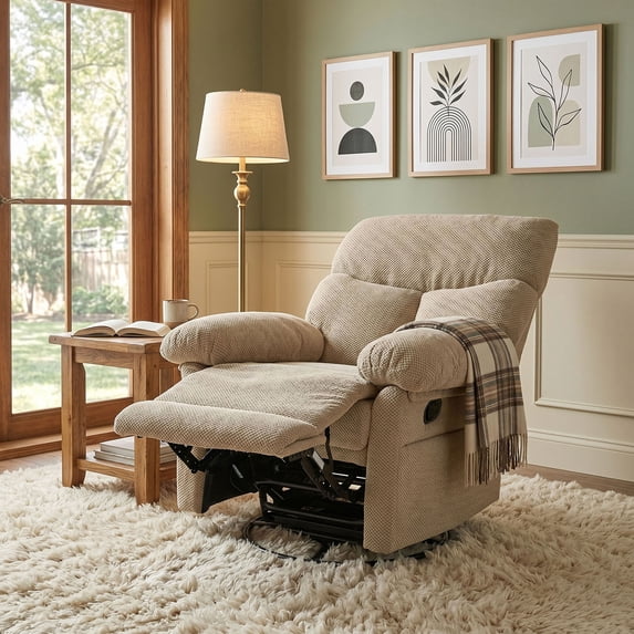 Swivel Rocker Recliner Chair in Soft Fabric Overstuffed Glider Armchair for Living Room and Nursery Comfort,Camel