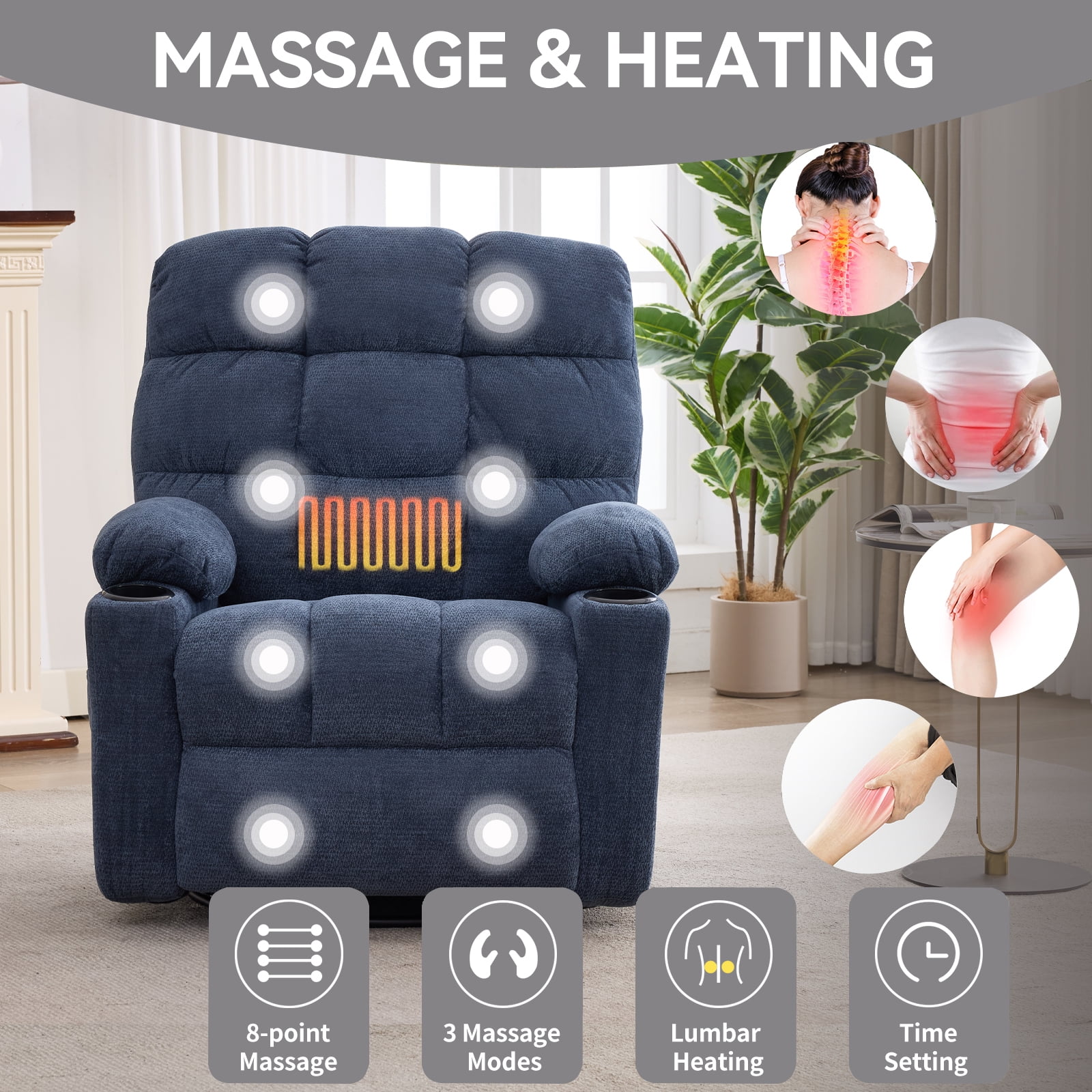 Swivel Rocker Recliner Chair with Heat and Massage, Power Reclining Fabric Lounge Chair for Living Room, 360° Swivel, Pillow Top Arm, Blue