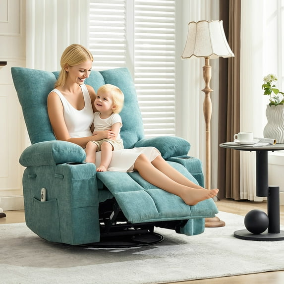 Swivel Rocker Recliner Chair with Massage and Heat,Oversize Ergonomic Lounge Sofa with Extended Footrest,Cup Holders for Living Room, Bedroom,Blue