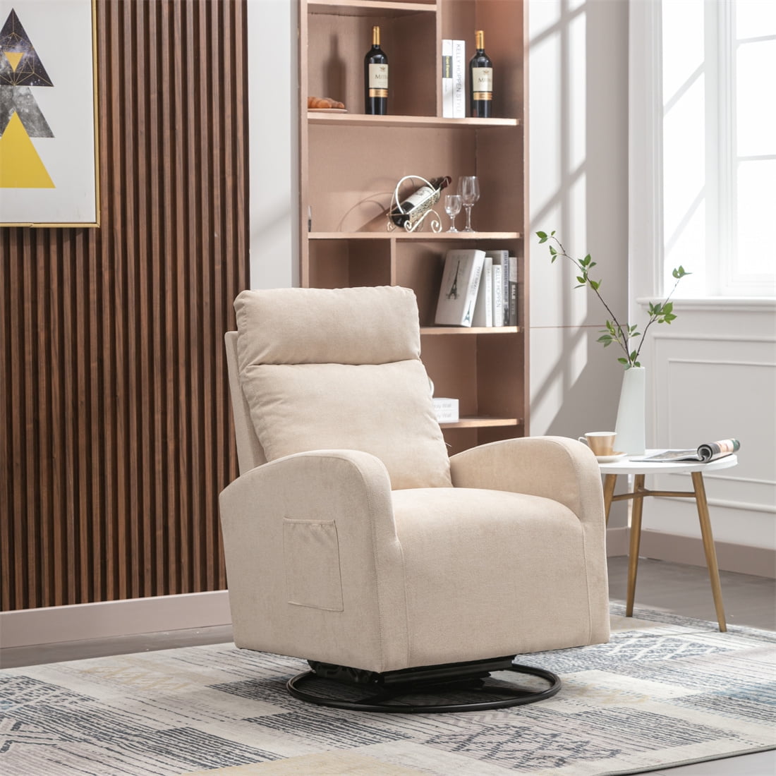 Beige Upholstered Swivel Rocking Chair, Recliner Sofa with Metal Legs ...