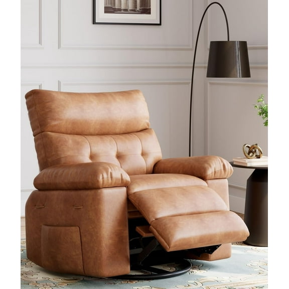 Swivel Rocking Recliner Chair, 56 in Wide PU Leather Reclining Nursery Rockers with Heat & Massage, 360 Round Base Rocker Recliner Chair with Pull Handle, Silla Mecedora, Vintage Dual-Tone (brown)