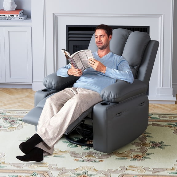Swivel Rocking Recliner Chair, 56 in Wide PU Leather Reclining Nursery Rockers with Heat & Massage, 360° Round Base Rocker Recliner Chair with Pull Handle, Silla Mecedora