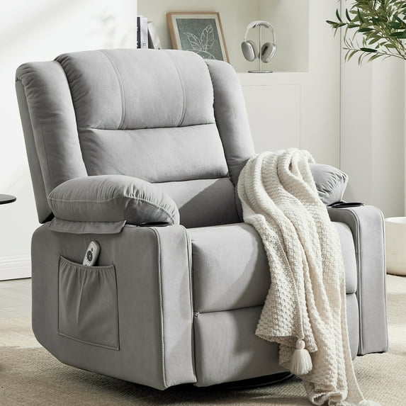 Swivel Rocking Recliner Chair for Adults, Overstuffed Manual Rocker Nursery Recliner Glider, Upholstered Fabric Reclining Single Sofa Chair for Living Room (LihgtGrey)