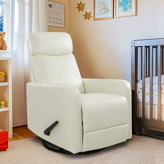 Swivel Rocking Recliner Chair for Small Space, Manual Swivel Glider Recliner for Nursery,RV,Rocking Recliner with Footrest and Side Pocket,Breathable Leather