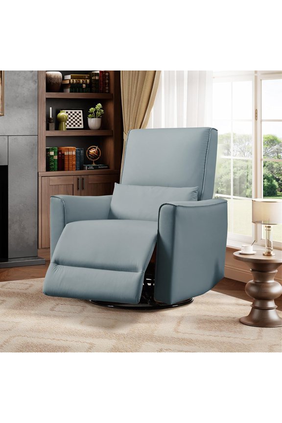 Swivel Rocking Recliner Chair, Upholstered Faux Leather Glider with Lumbar Support, High Backrest & Padded Armest, Manual Nursery Recliner for Living Room (Light Gray)