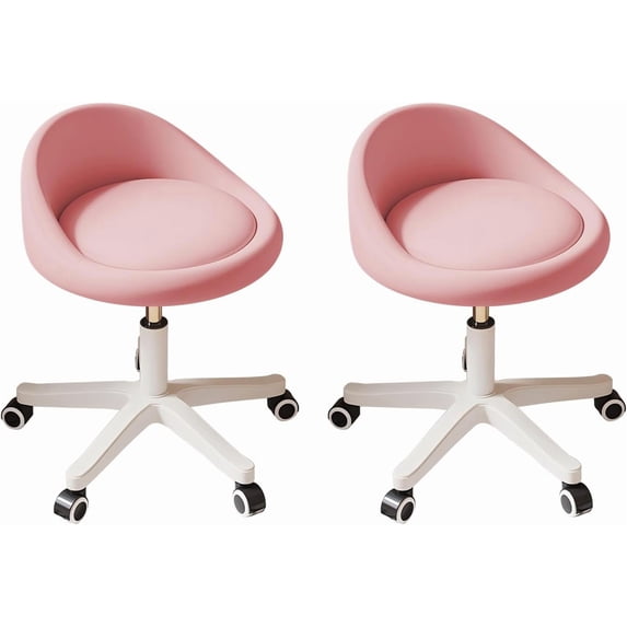 Swivel Rolling Stool with Wheels, Height Adjustable PU Leather Drafting Chair, Round Seat for Salon, Spa, Tattoo, Office, Home Use Pink Set of 2