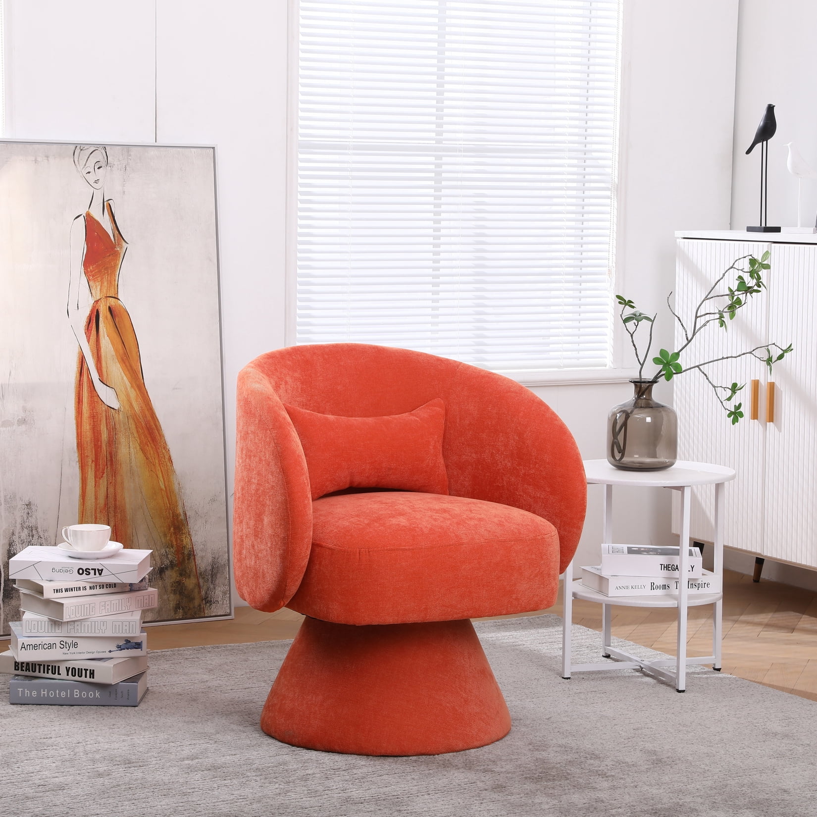 Swivel Round Barrel Armchair, Modern Fabric Accent Chair with Pillow ...