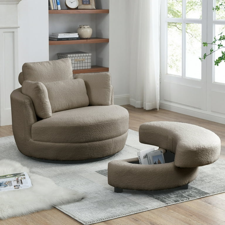 Swivel Round Barrel Chair with Storage Ottoman and Movable