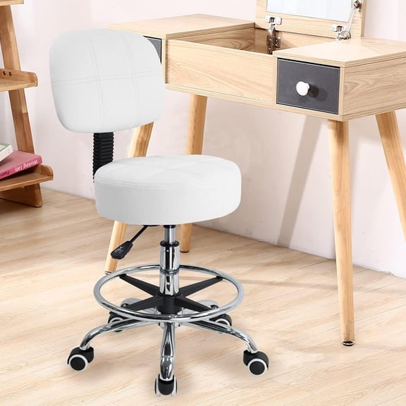 Swivel Round Rolling Stool with Adjustable Foot Rest, Height Adjustable Task Work Drafting Chair with Back(White)