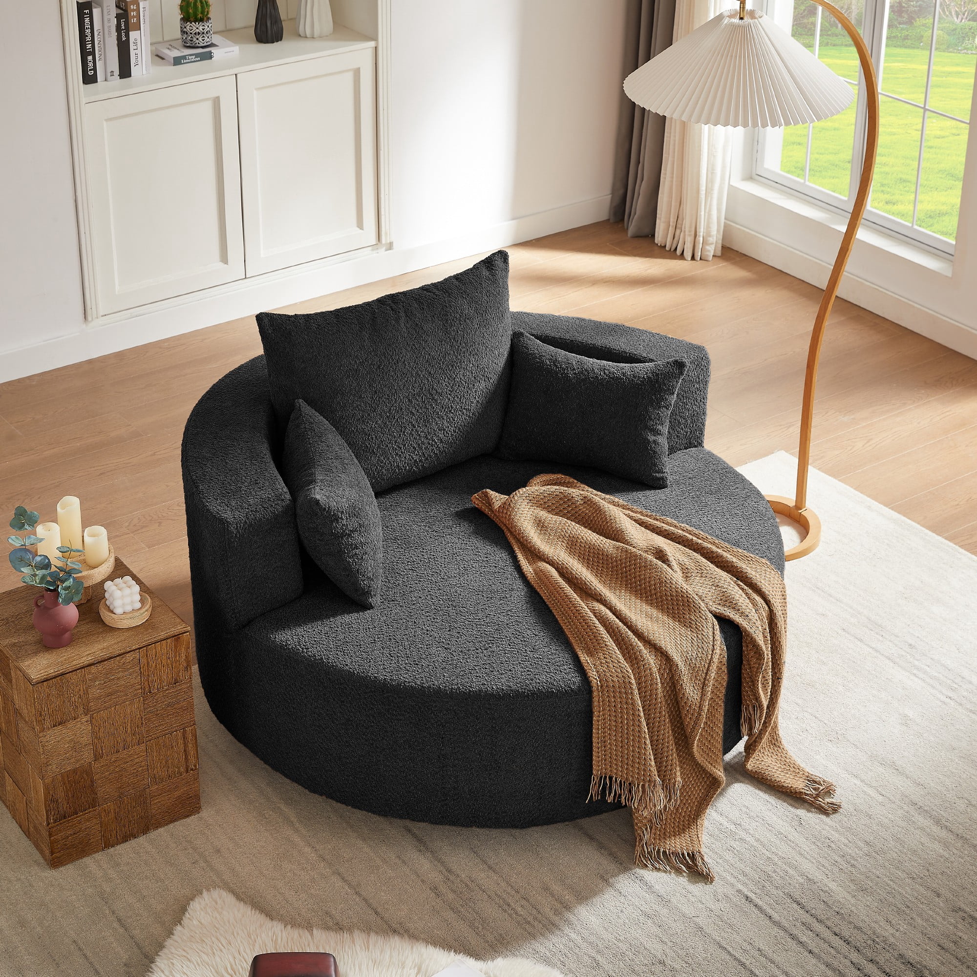 Swivel Round Sofa Couch Sofa Bed,360° Swivel Chair Accent Barrel Chair with 3 Removable Pillows for Living Room, Bedroom,Black