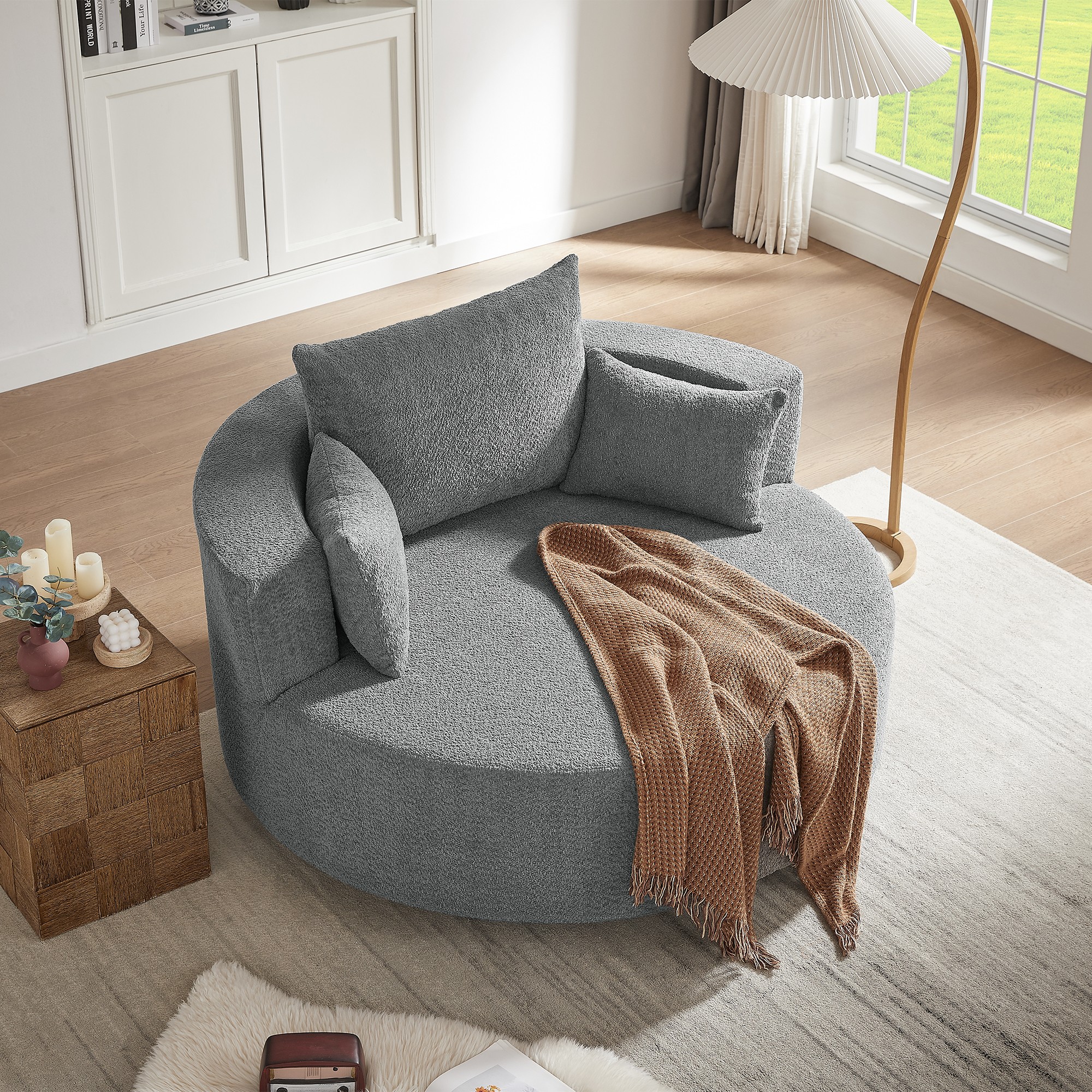 Swivel Round Sofa Couch Sofa Bed,360° Swivel Chair Accent Barrel Chair with 3 Removable Pillows for Living Room, Bedroom,Grey