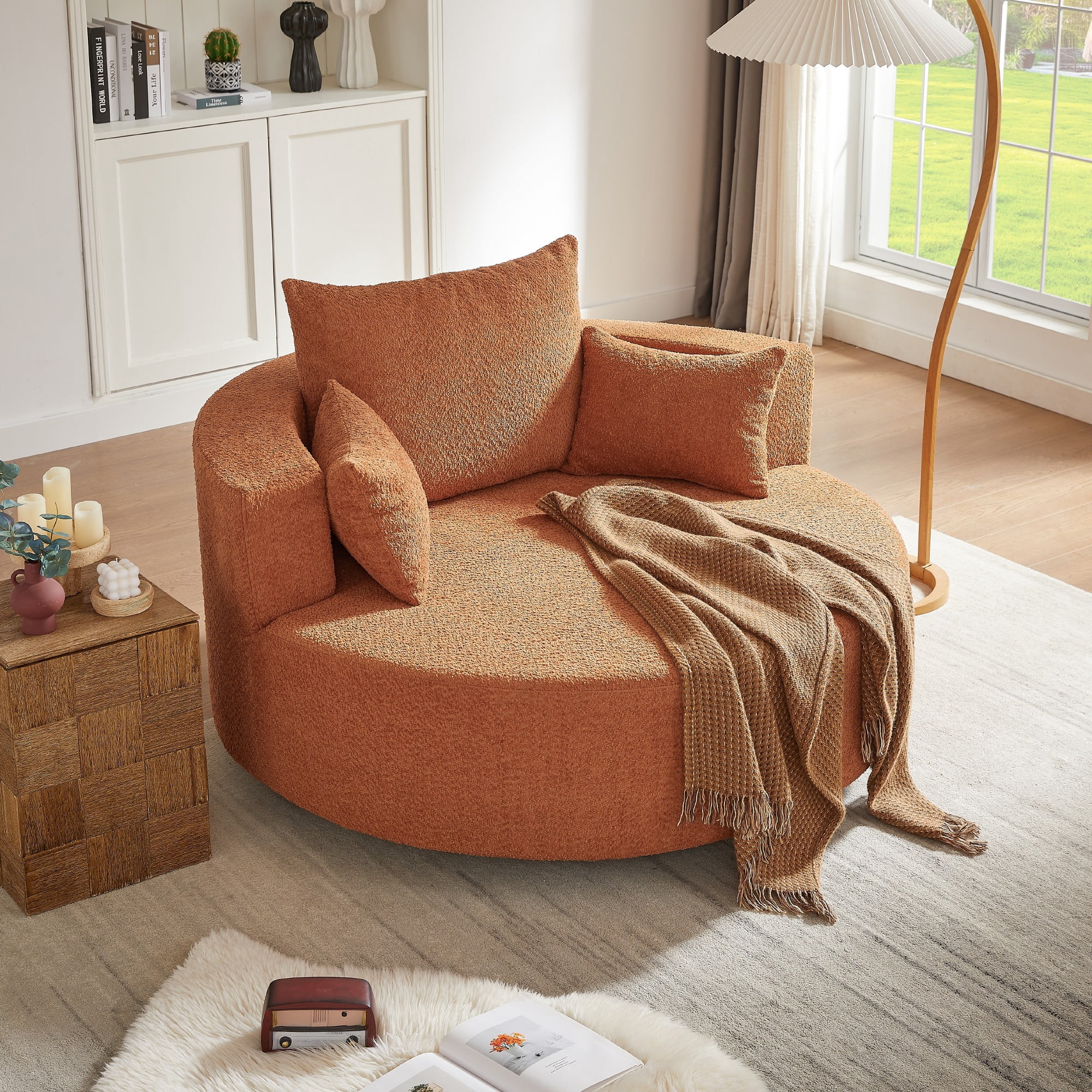Swivel Round Sofa Couch Sofa Bed,360° Swivel Chair Accent Barrel Chair with 3 Removable Pillows for Living Room, Bedroom,Red