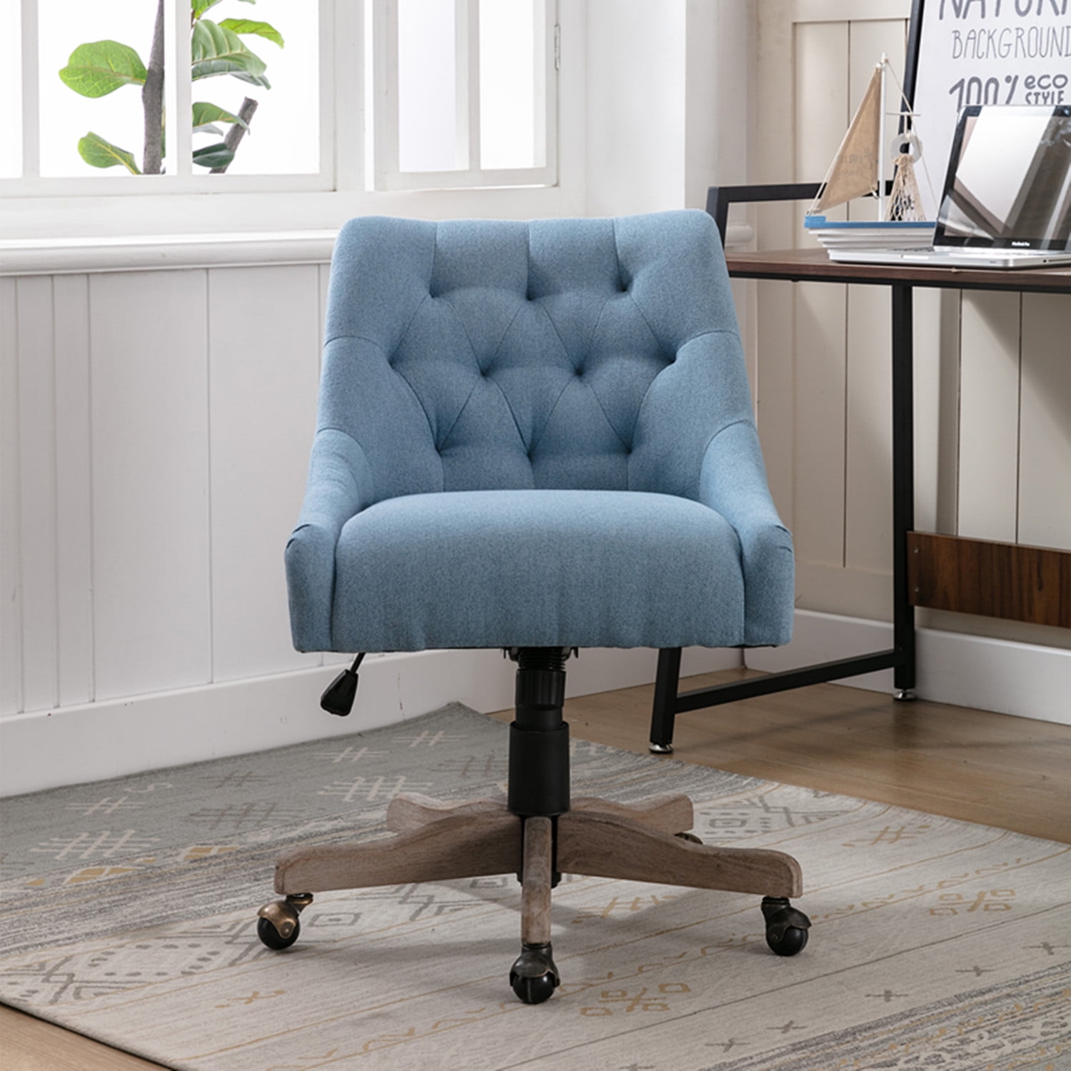 Swivel Shell Office Chair Modern Tufted Linen Fabric Upholstered Swivel Task Chair with Wheels and Adjustable Height Computer Desk Chair with Padded Back Vanity Chair for Bedroom Living Room Blue Walm...