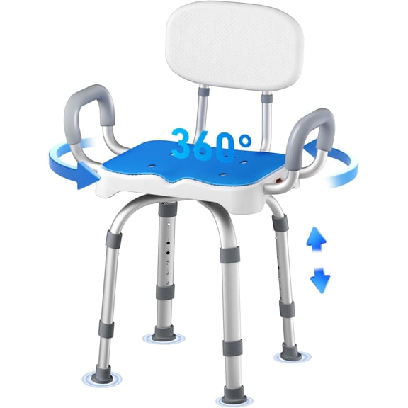 Swivel Shower Chair with Arms and Back, 550 lbs Heavy-Duty Shower Chair for Inside Shower Stall and Tub, Anti-Slip M-Shaped Seat & Height Adjustable Shower Seat for Elderly and Disabled