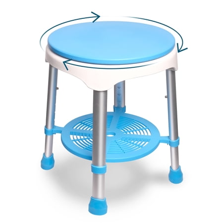 Swivel Shower Chair for Inside Shower, 300lbs Tool-Free Assembly,Shower Stools with 5 Adjustable Height, Storage Tray 360 Degree Rotating Shower Seat for Seniors, Elderly, Handicapped,Blue